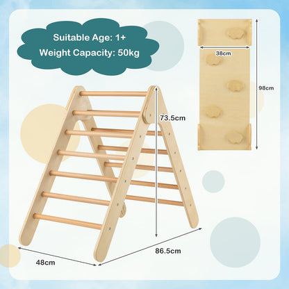 Wooden Triangle Climbing Ladder Set with 2-in-1 Reversible Ramp-Natural