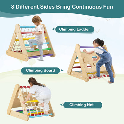 4-in-1 Wooden Triangle Climbing Set with Ramp Sliding Board-Colourful
