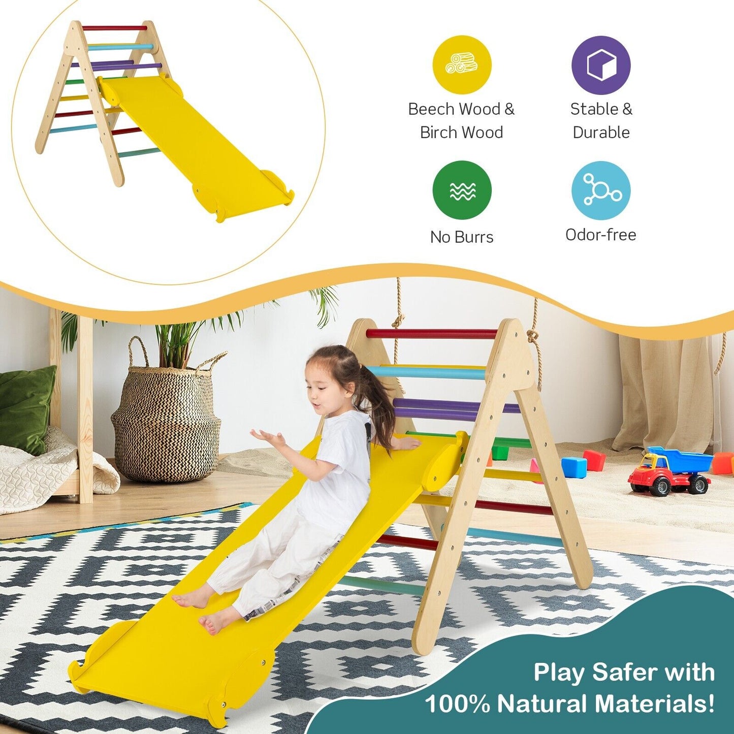 Wooden Triangle Climbing Ladder Set with 2-in-1 Reversible Ramp-Multicolor