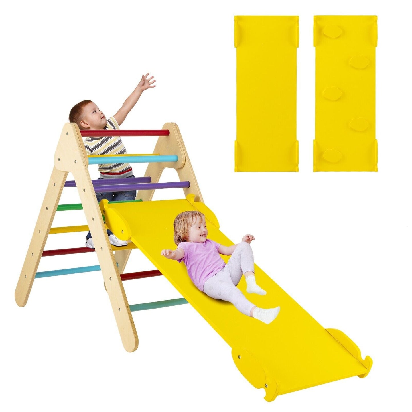 Wooden Triangle Climbing Ladder Set with 2-in-1 Reversible Ramp-Multicolor