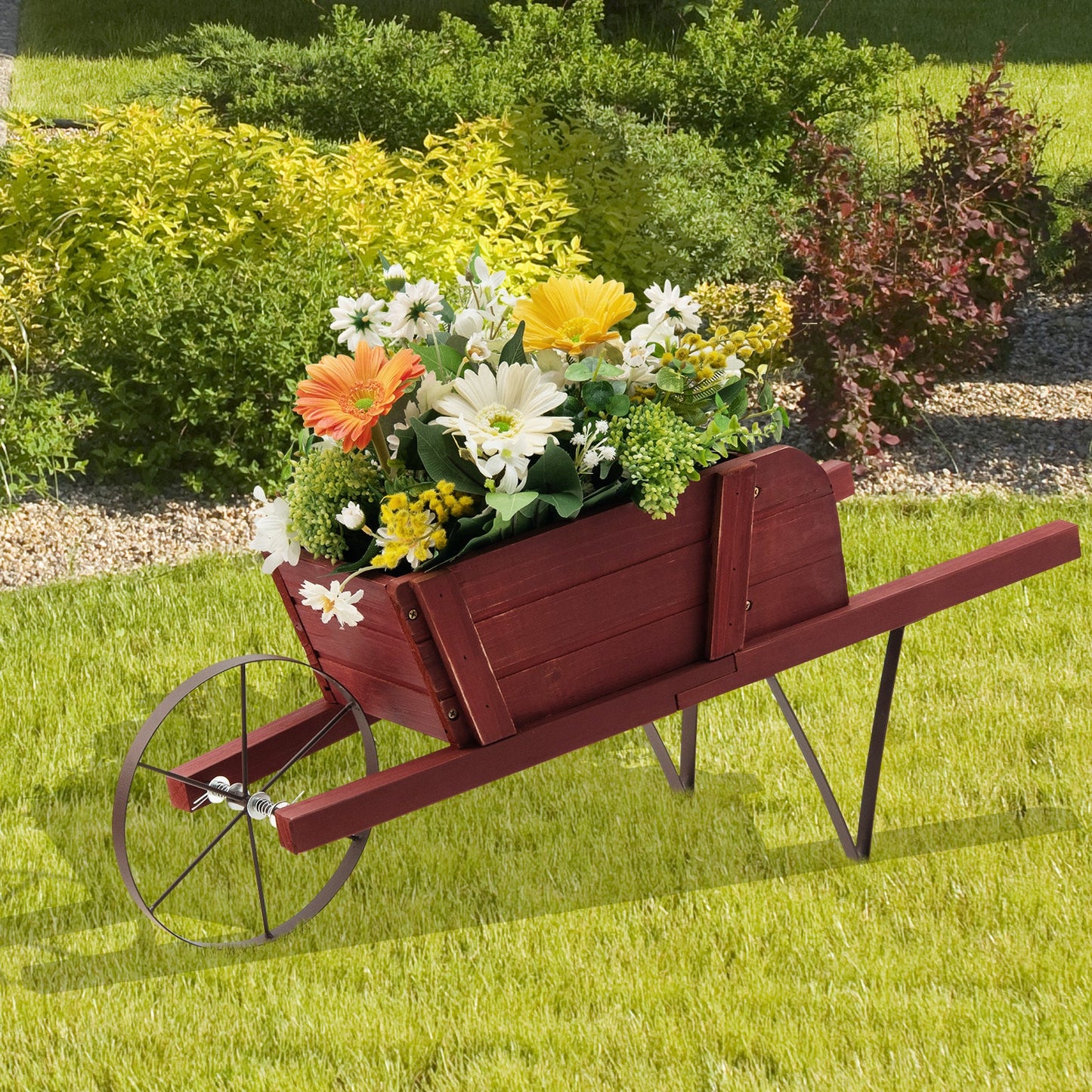 Wooden Wagon Planter Stand Wheelbarrow Flower Cart Garden Decoration-Red