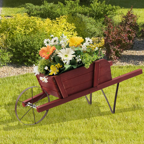 Wooden Wagon Planter Stand Wheelbarrow Flower Cart Garden Decoration-Red