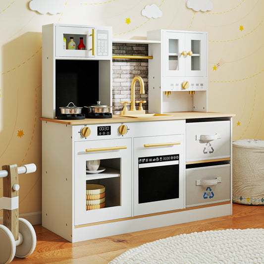 Wooden play kitchen with stove and sounds childrens kitchen with sink-Natural