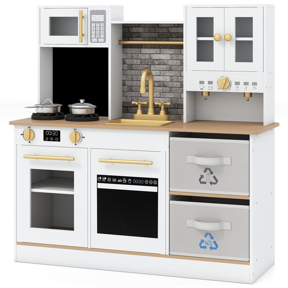 Wooden play kitchen with stove and sounds childrens kitchen with sink-Natural