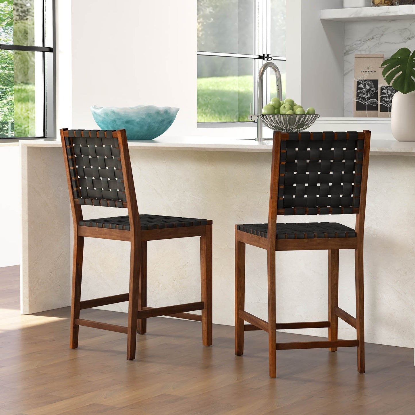 Woven Bar Stools Set of 2 with Faux PU Leather Straps-Black &amp; Brown
