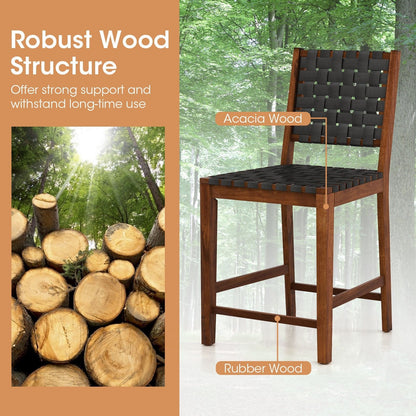 Woven Bar Stools Set of 2 with Faux PU Leather Straps-Black &amp; Brown