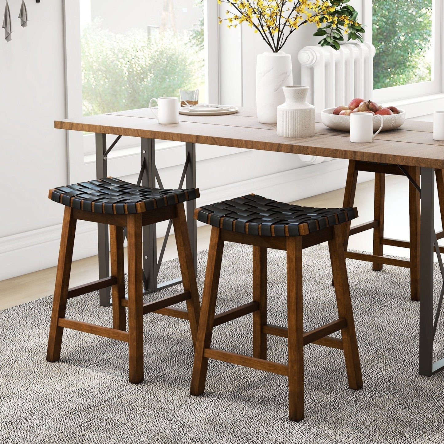 Faux PU Leather Counter Height Stools Set of 2 with Woven Curved Seat-Black &amp; Brown
