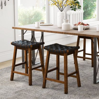 Faux PU Leather Counter Height Stools Set of 2 with Woven Curved Seat-Black &amp; Brown