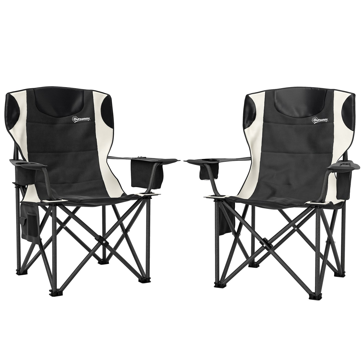 Outsunny Set of 2 Folding Camping Chairs, Padded Camping Chairs with Adjustable Armrests, Portable & Lightweight Folding Camp Chair with Cooler Bag, Cup Holder and Side Pockets, Black