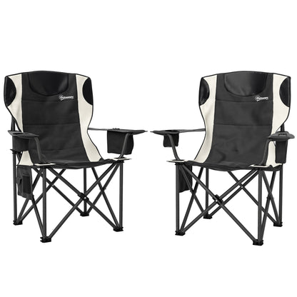 Outsunny Set of 2 Folding Camping Chairs, Padded Camping Chairs with Adjustable Armrests, Portable & Lightweight Folding Camp Chair with Cooler Bag, Cup Holder and Side Pockets, Black