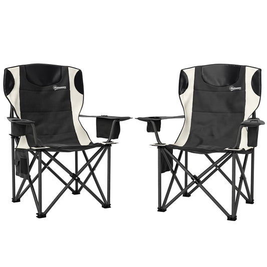 Outsunny Set of 2 Folding Camping Chairs, Padded Camping Chairs with Adjustable Armrests, Portable & Lightweight Folding Camp Chair with Cooler Bag, Cup Holder and Side Pockets, Black