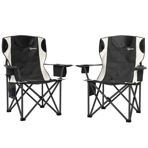 Outsunny Set of 2 Folding Camping Chairs, Padded Camping Chairs with Adjustable Armrests, Portable & Lightweight Folding Camp Chair with Cooler Bag, Cup Holder and Side Pockets, Black