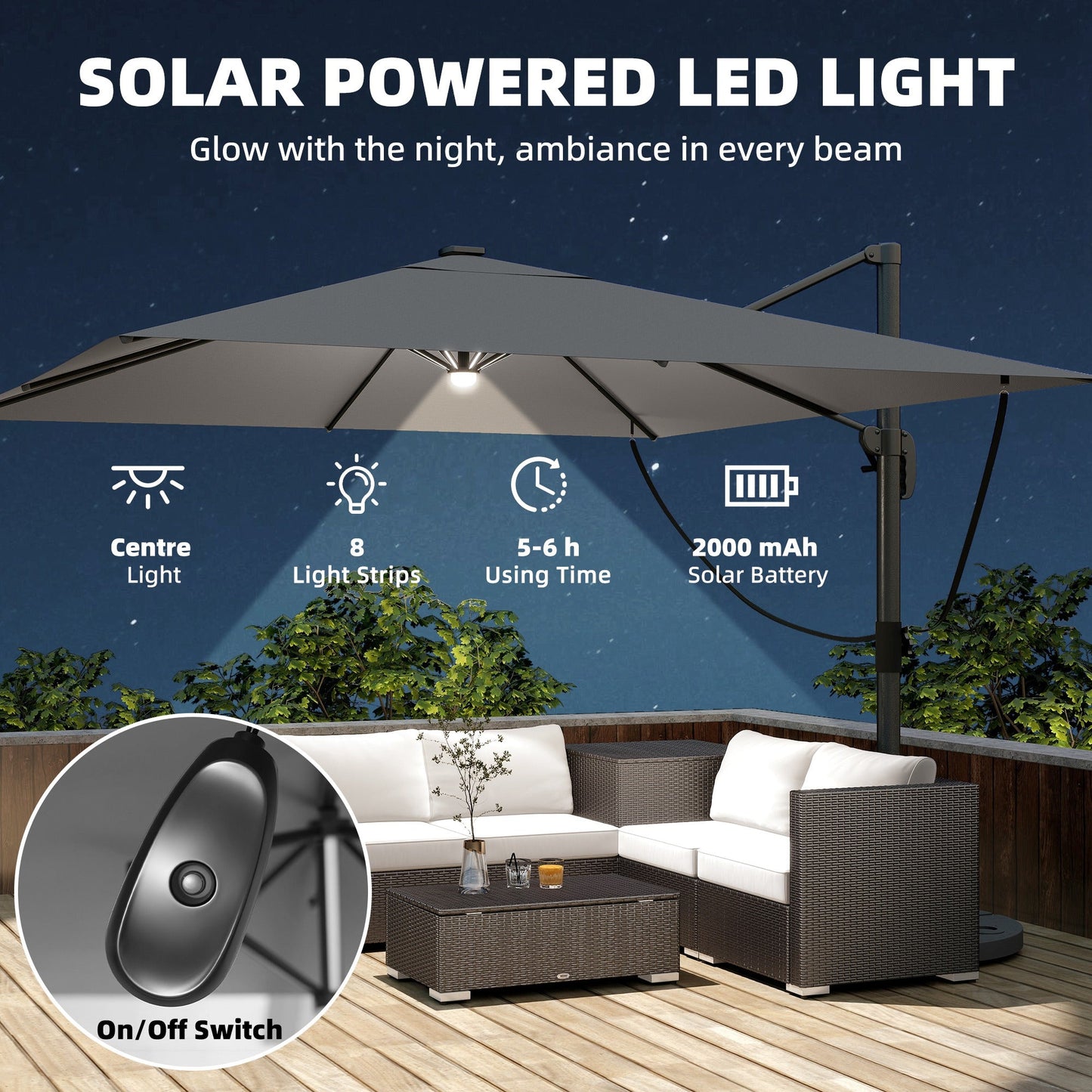 Outsunny 3 x 3 m Garden Cantilever Parasol with Light, Cover, Overhanging Umbrella w/ Wind Protection, 360Â° Rotation, Light Grey