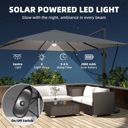 Outsunny 3 x 3 m Garden Cantilever Parasol with Light, Cover, Overhanging Umbrella w/ Wind Protection, 360 degrees Rotation, Light Grey