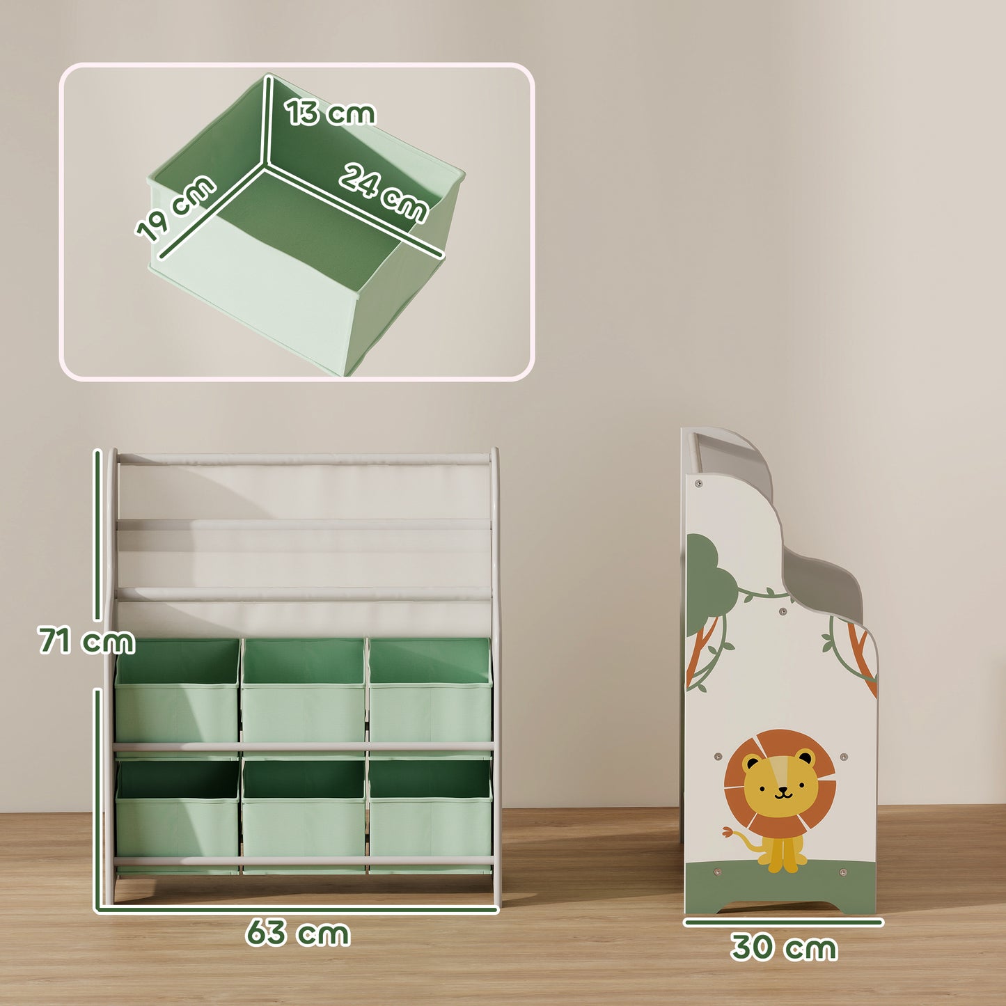 AIYAPLAY Kids Storage Unit, Toy Organiser with 6 Fabric Drawers and 2-Tier Sling Book Rack for Bedroom, Playroom, Nursery, Green