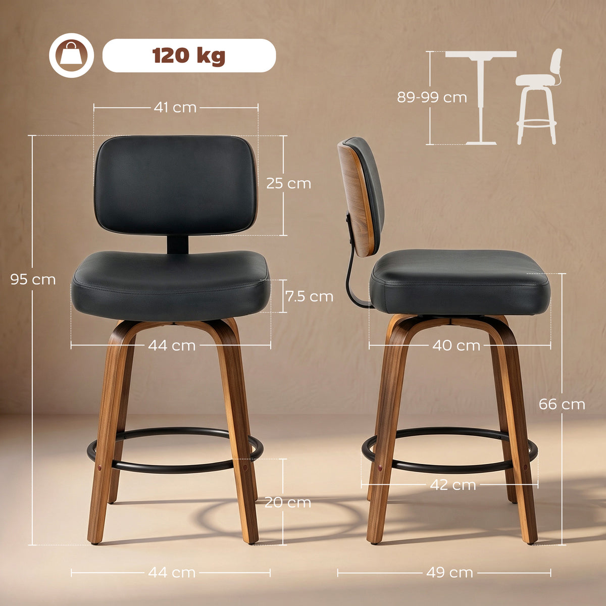 HOMCOM Bar Stools 360° Swivel Breakfast Bar Stools Padded PU Seat Footrest Set of 2 Black