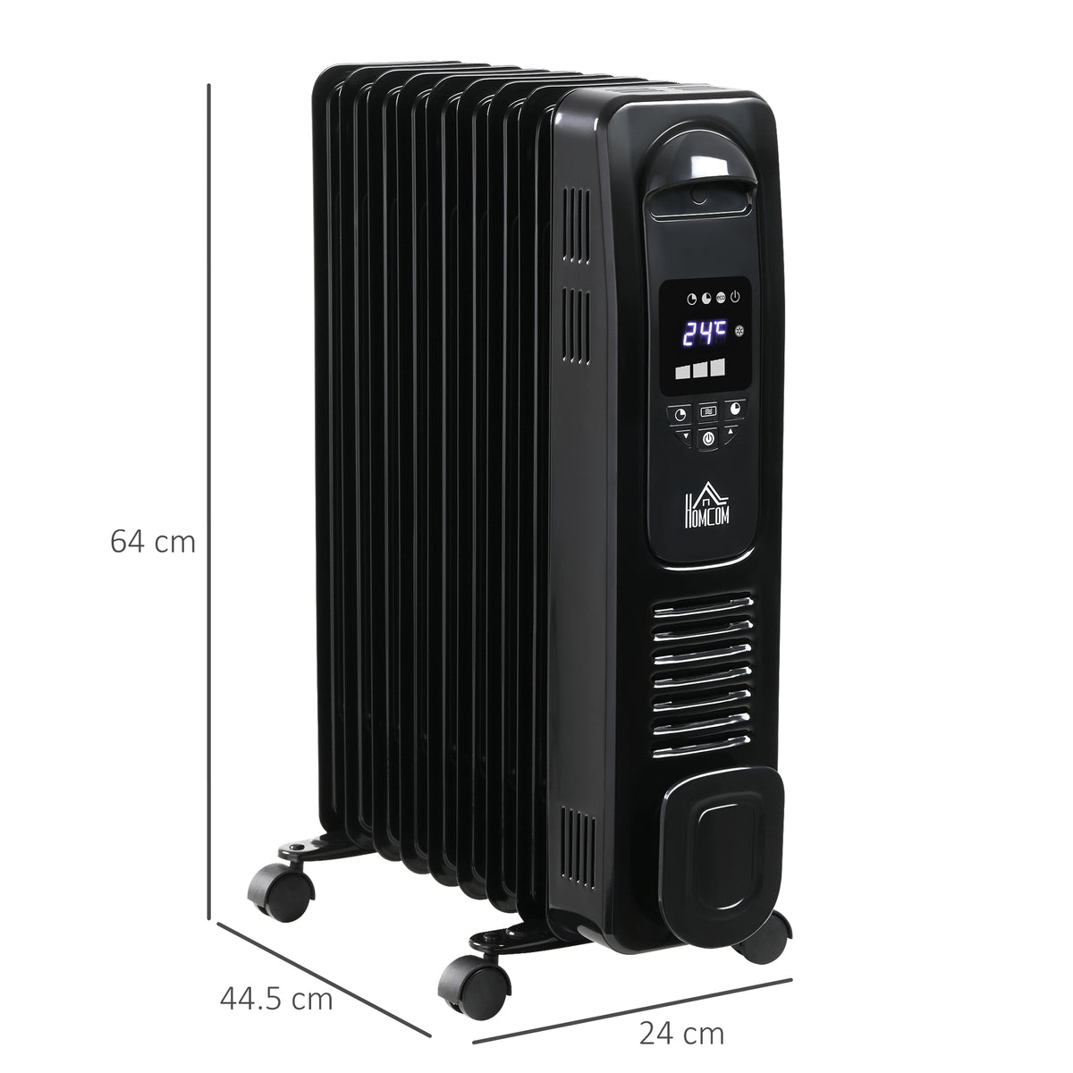 HOMCOM 2000W Digital Oil Filled Radiator, 9 Fin, Portable Electric Heater with LED Display, 24-Hour Timer, 3 Heat Settings, Safety Cut-Off and Remote Control, Black