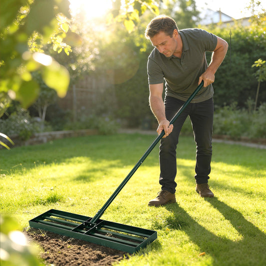 Outsunny Lawn Levelling Rake, 76 x 26 cm Lawn Leveller Lute with 169 cm Handle for Grass Soil Sand Yard Golf Course