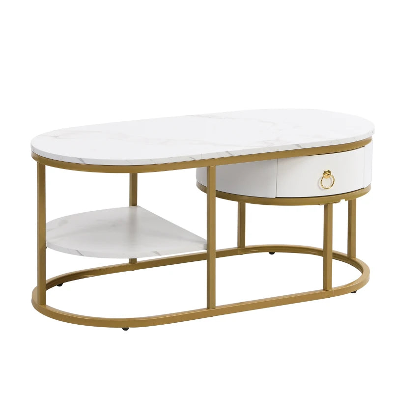 Oval Coffee Table with Marble Look, Golden Iron Frame, Drawers, and Shelves, 100x50x45 cm, White