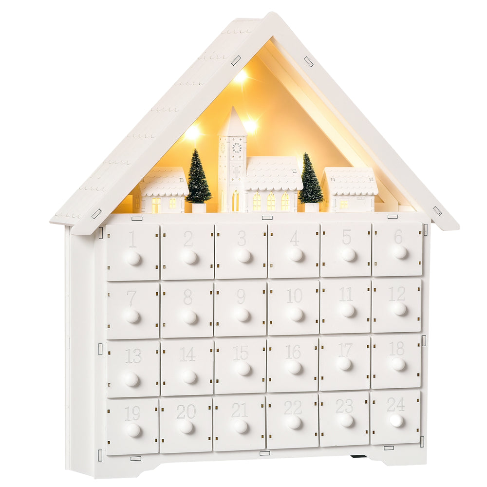 HOMCOM 24-Drawer Christmas Advent Calendar, Wooden Light-Up Traditional Decoration, Adults Kids Countdown Holiday House w/ Lights Handle White