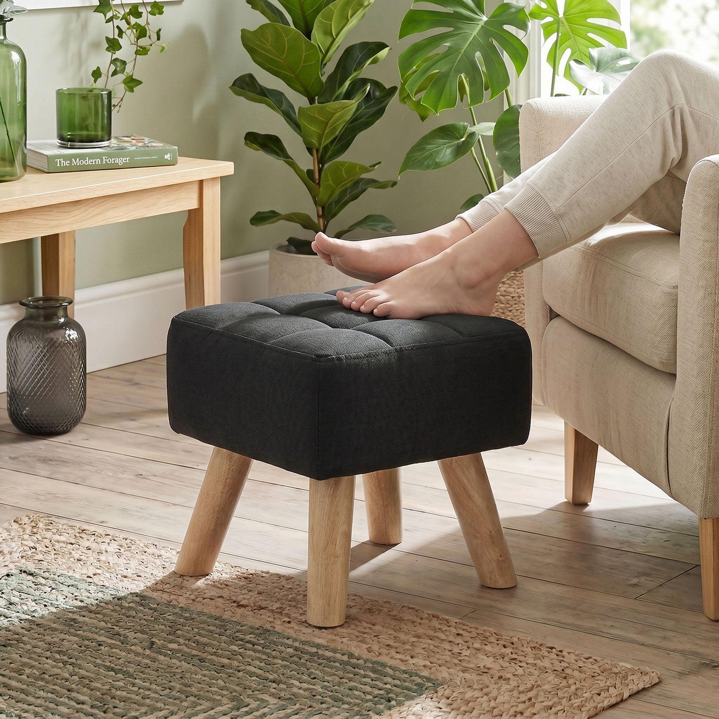 HOMCOM Linen-Look Square Padded Footstool - Black