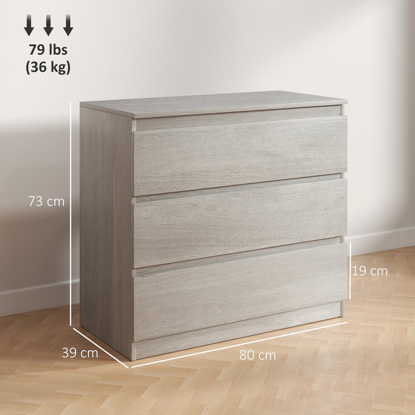 HOMCOM Chest of Three Drawers - Grey Wood Effect