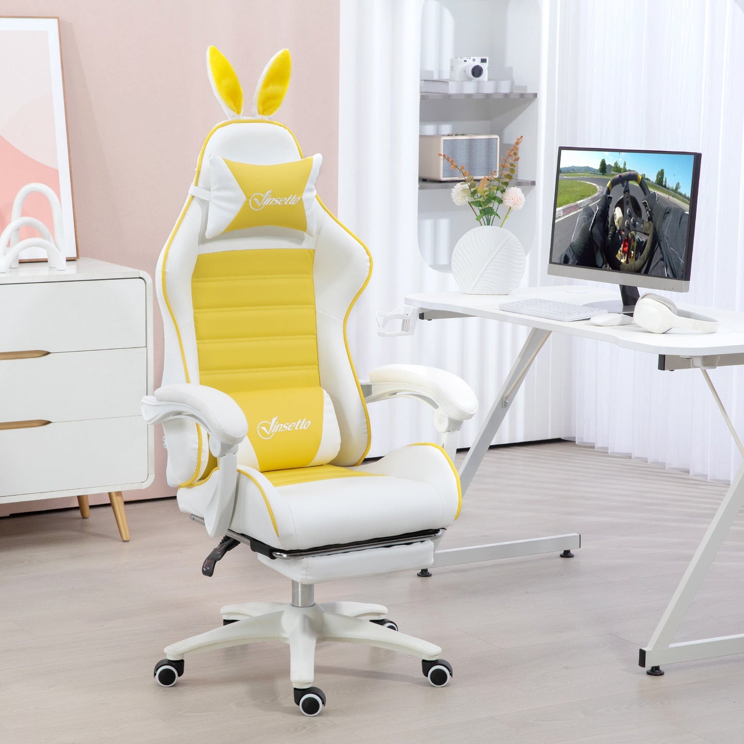 Vinsetto Racing Gaming Chair, Reclining PU Leather Computer Chair with Removable Rabbit Ears, Footrest, Headrest and Lumber Support, Yellow