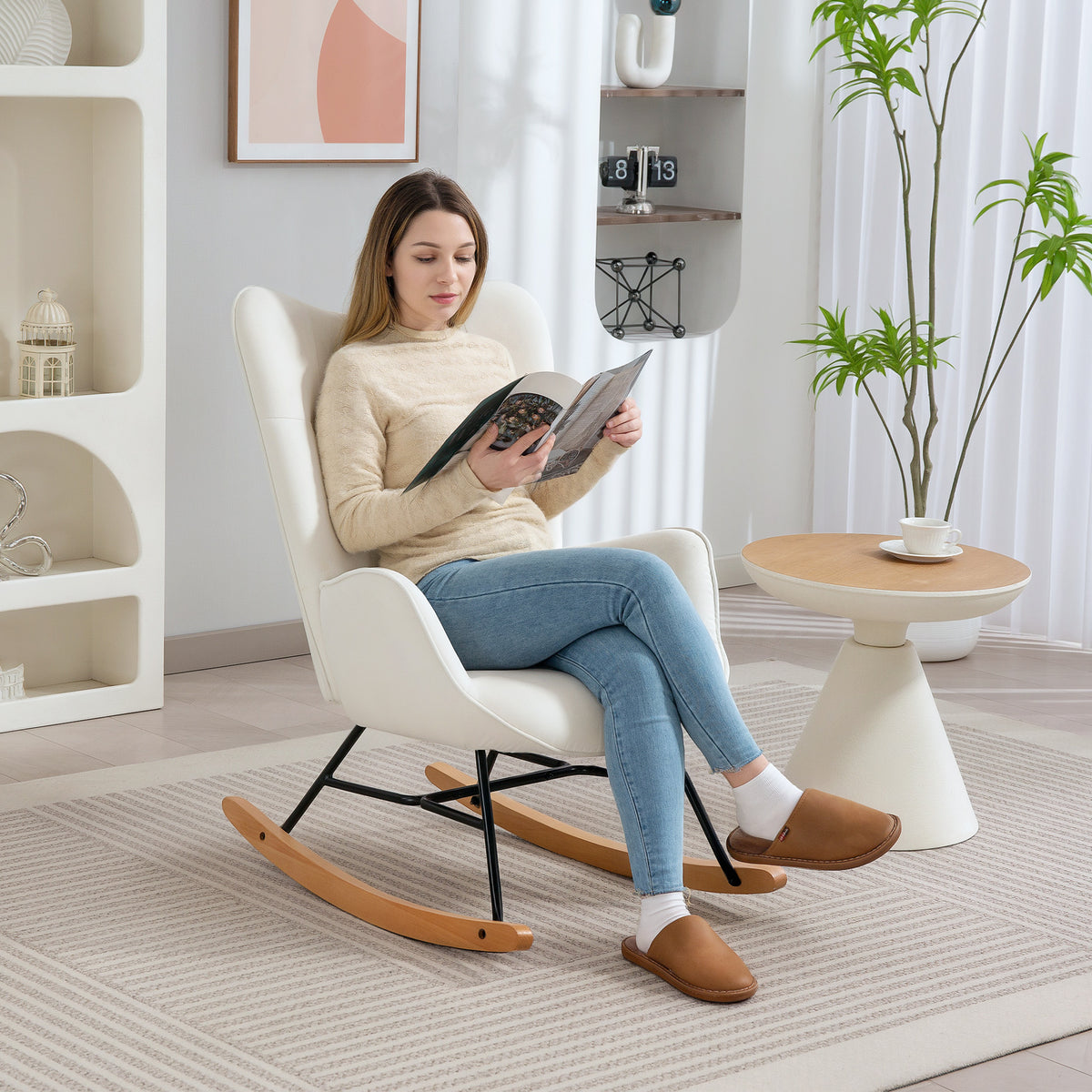 HOMCOM Rocking Chair, Modern Upholstered Velvet Armchair with Solid Wood Legs and Metal Frame for Living Room, Bedroom, Cream