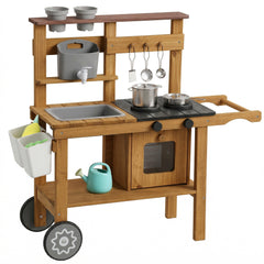 AIYAPLAY Wooden Mud Kitchen with Wheels, Stove, Faucet, Flower Pots, Stainless Steel Accessories for Toddlers 3-6, Brown