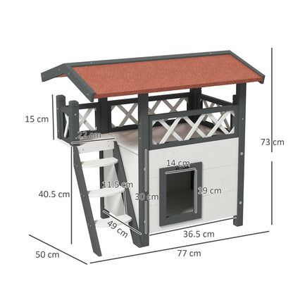 PawHut Cat House Outdoor w/ Balcony Stairs Roof, 77 x 50 x 73 cm, White