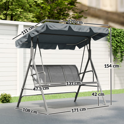 Outsunny 3 Seater Swing Chair, Garden Swing Bench with Adjustable Tilting Canopy, Breathable Mesh Seat and Heavy Duty Metal Frame for Patio, Garden, Dark Grey