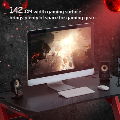 HOMCOM 142 x 66 cm Gaming Desk, Carbon Fibre Covered Computer Desk, Gamer Workstation with Headphone Hook, Cup Holder and Gamepad Storage Rack, Black and Red