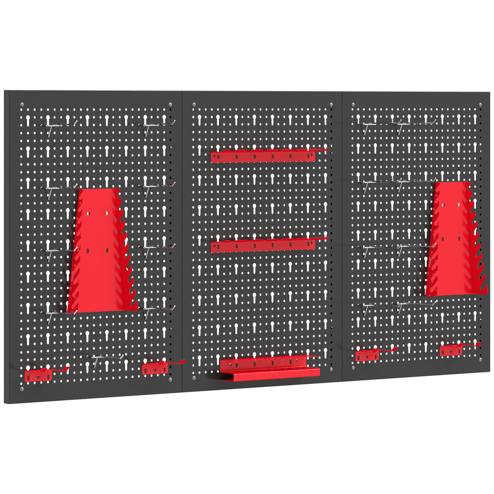 HOMCOM 28 Pcs Wall-Mounted Pegboard with 3 Boards, Garage Tool Storage Unit Black and Red