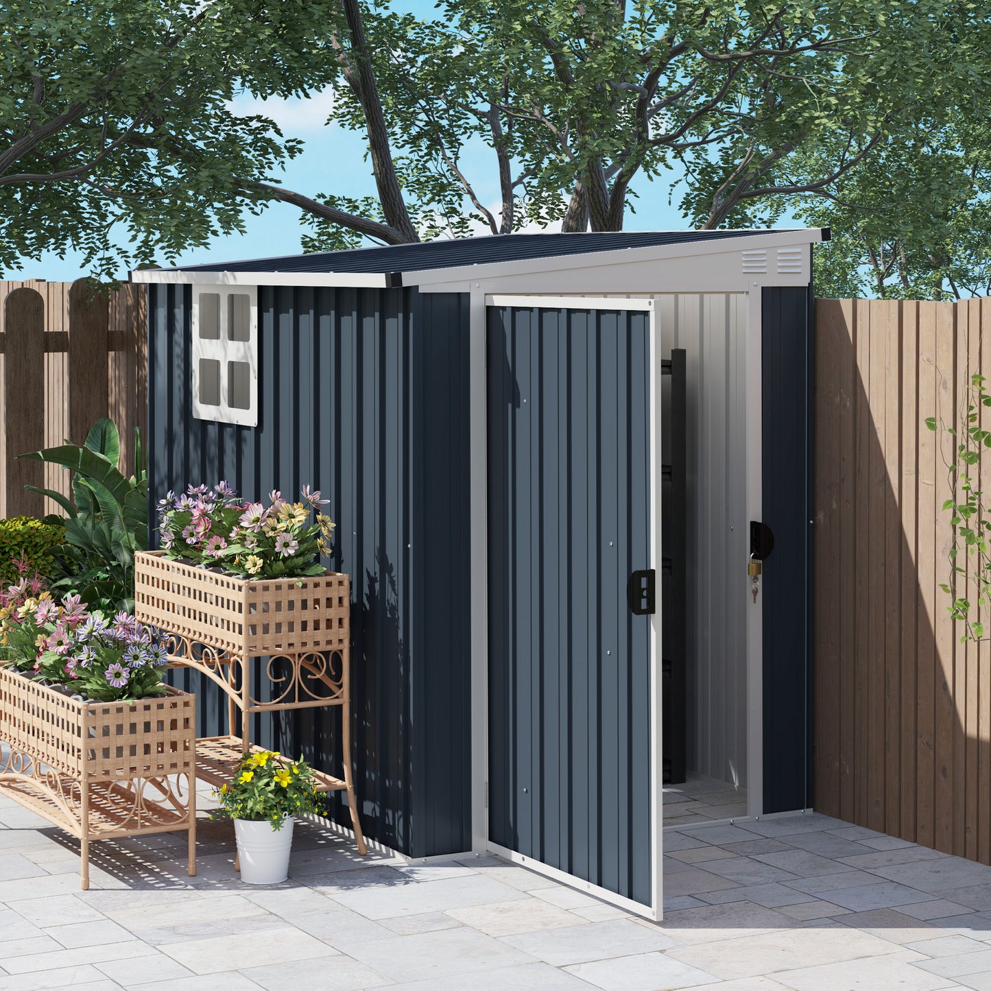 Outsunny 4 x 6ft Garden Metal Shed, Outdoor Storage Shed with Window, 2 Vents and Lockable Door for Garden, Patio, Dark Grey