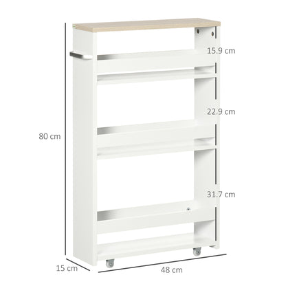kleankin Storage Cart, 4-Tier Compact Storage Trolley on Wheels and Handle, 48W x 15D x 80H cm, White