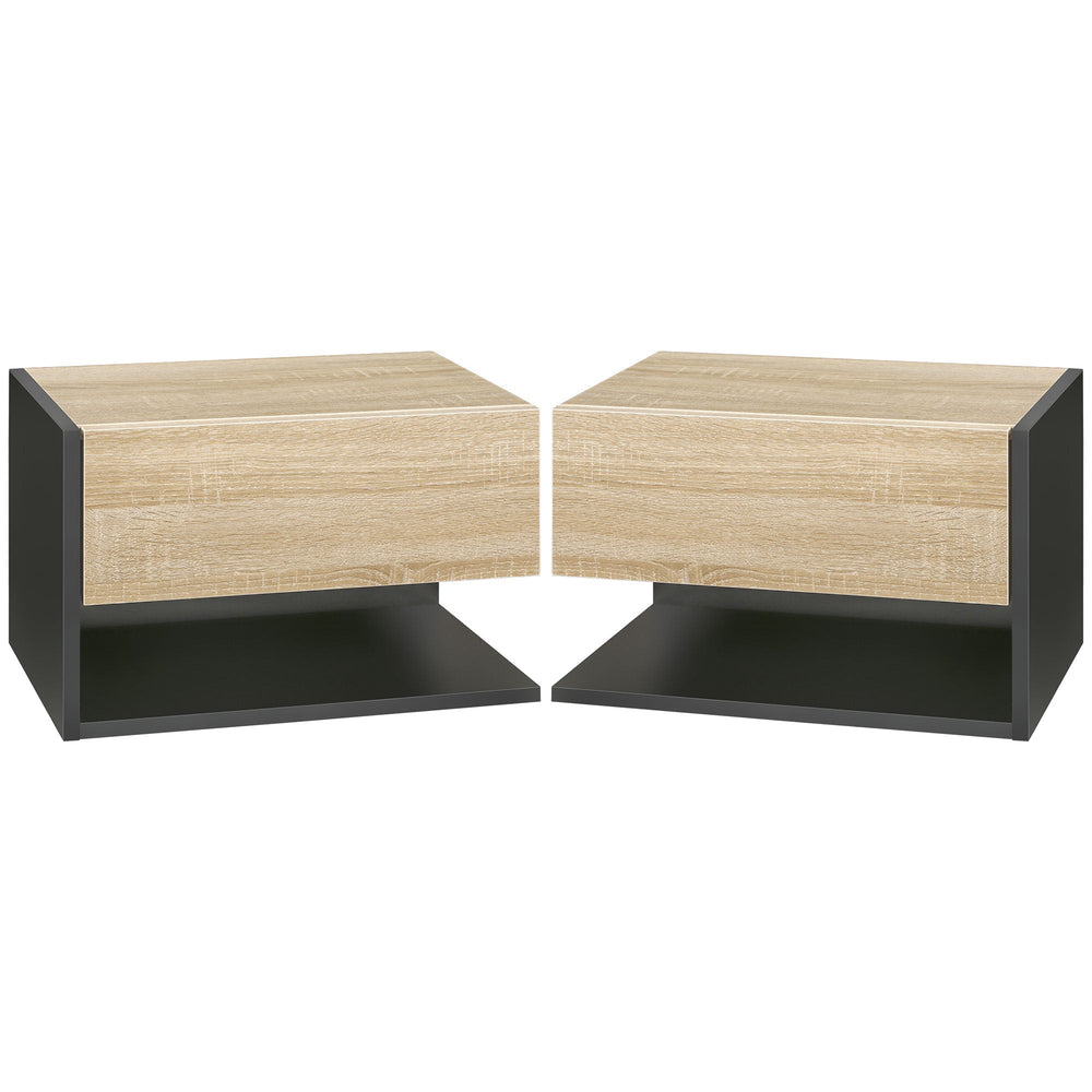 HOMCOM Floating Bedside Table Set of 2, Wall Mounted Bedside Cabinet with Drawer and Open Shelf, Modern Nightstand for Bedroom, 46 x 30 x 30 cm, Oak Tone
