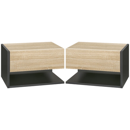 HOMCOM Floating Bedside Table Set of 2, Wall Mounted Bedside Cabinet with Drawer and Open Shelf, Modern Nightstand for Bedroom, 46 x 30 x 30 cm, Oak Tone