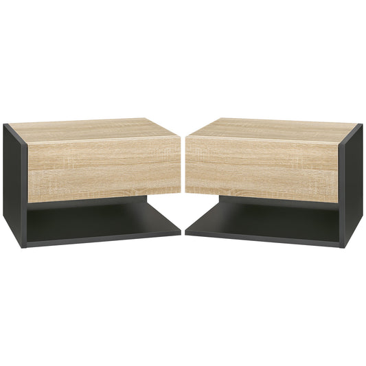 HOMCOM Floating Bedside Table Set of 2, Wall Mounted Bedside Cabinet with Drawer and Open Shelf, Modern Nightstand for Bedroom, 46 x 30 x 30 cm, Oak Tone