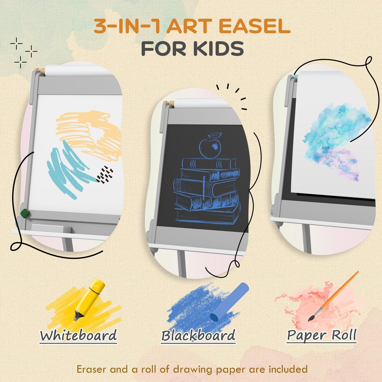 AIYAPLAY Art Easel for Kids with Paper Roll, Double-Sided Painting Easel with Chalkboard, Whiteboard