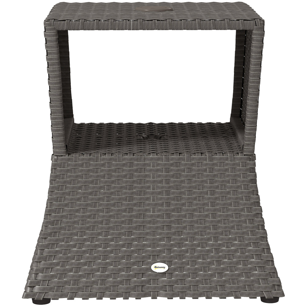Outsunny Rattan Outdoor Coffee Table, Wicker Garden Patio Bistro Side Table with Umbrella Hole and Storage Space, Dark Grey