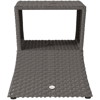 Outsunny Rattan Outdoor Coffee Table, Wicker Garden Patio Bistro Side Table with Umbrella Hole and Storage Space, Dark Grey