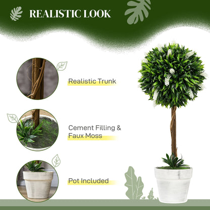 HOMCOM Set of 2 Decorative Artificial Plants Ball Trees with Flower for Home Indoor Outdoor Decor, 60cm,White
