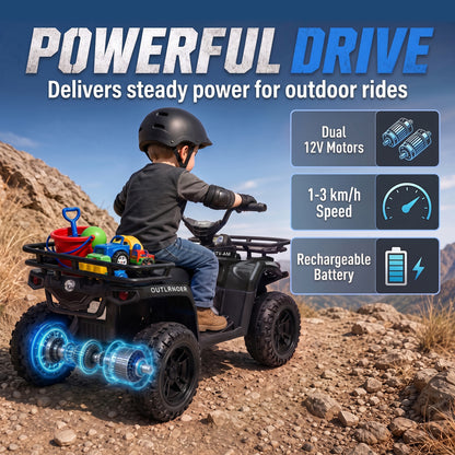 AIYAPLAY 12V Kids Electric Quad Bike, Ride on ATV with Dual Motors, Soft Start, Storage, Music, Lights for 3-8 Years, Black