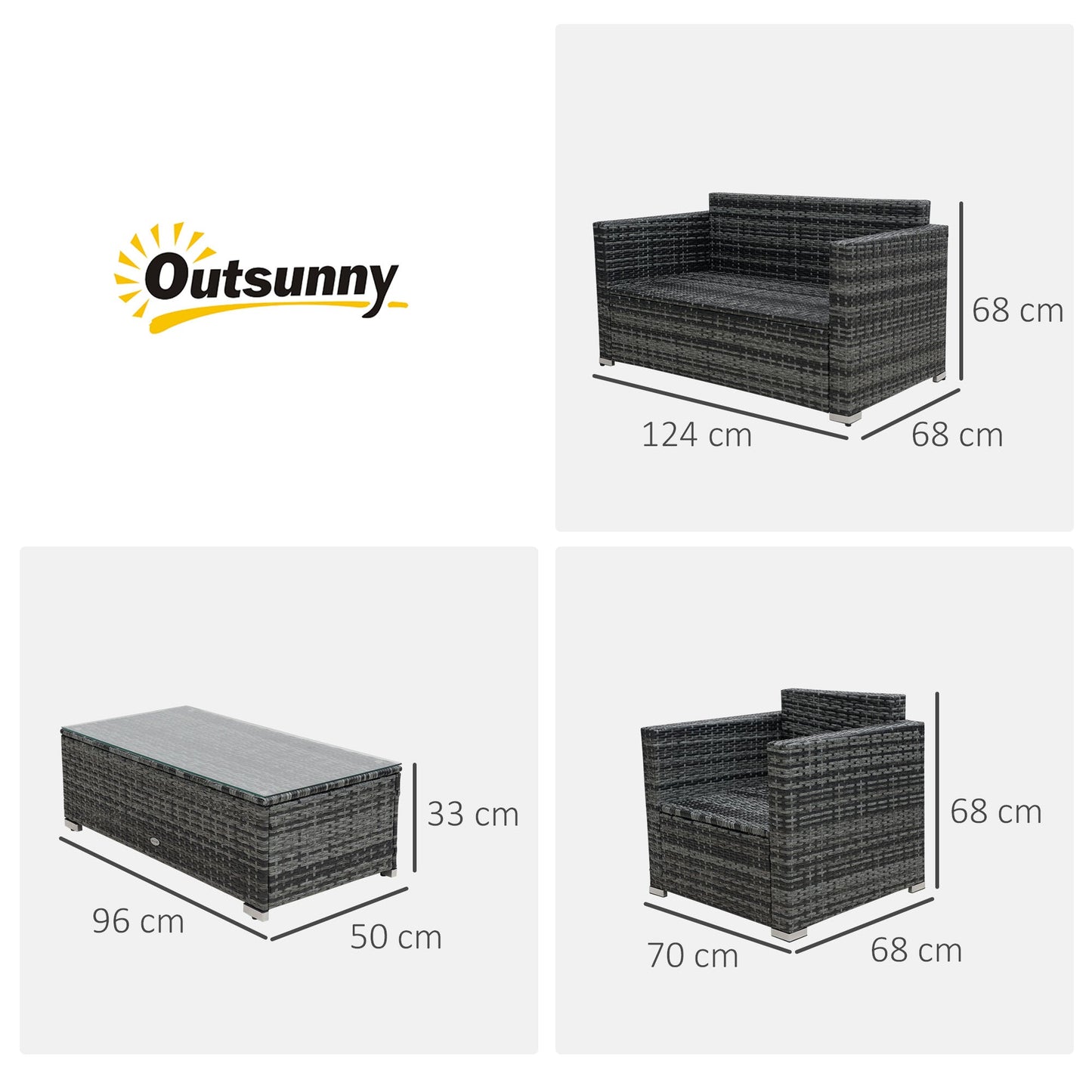 طقم أريكة من الخيزران والفولاذ مكون من 4 قطع من Outsunny، كرسي حديقة ومقعد وأثاث فناء باللون الرمادي