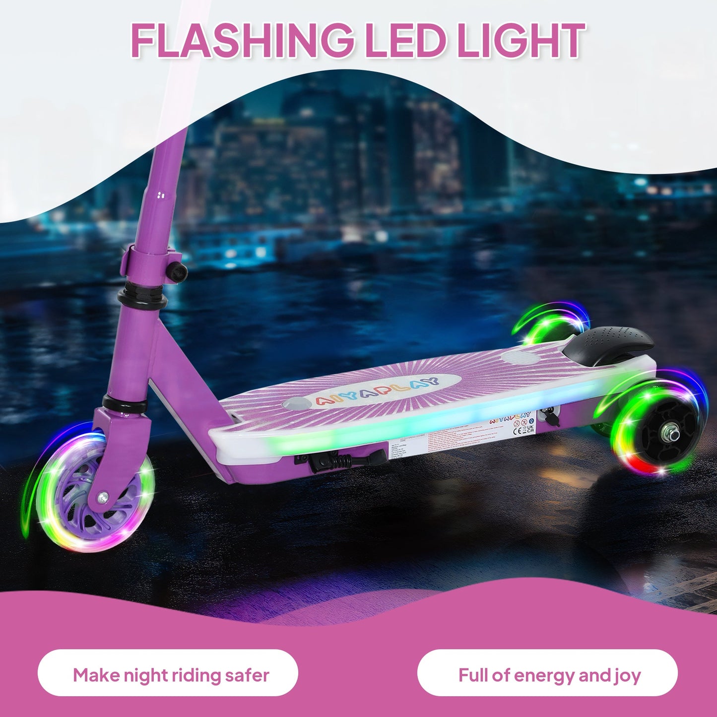 AIYAPLAY Electric Scooter for Kids Aged 4-7 Years, with Flashing LED Lights, Rear Auxiliary Wheels, Purple