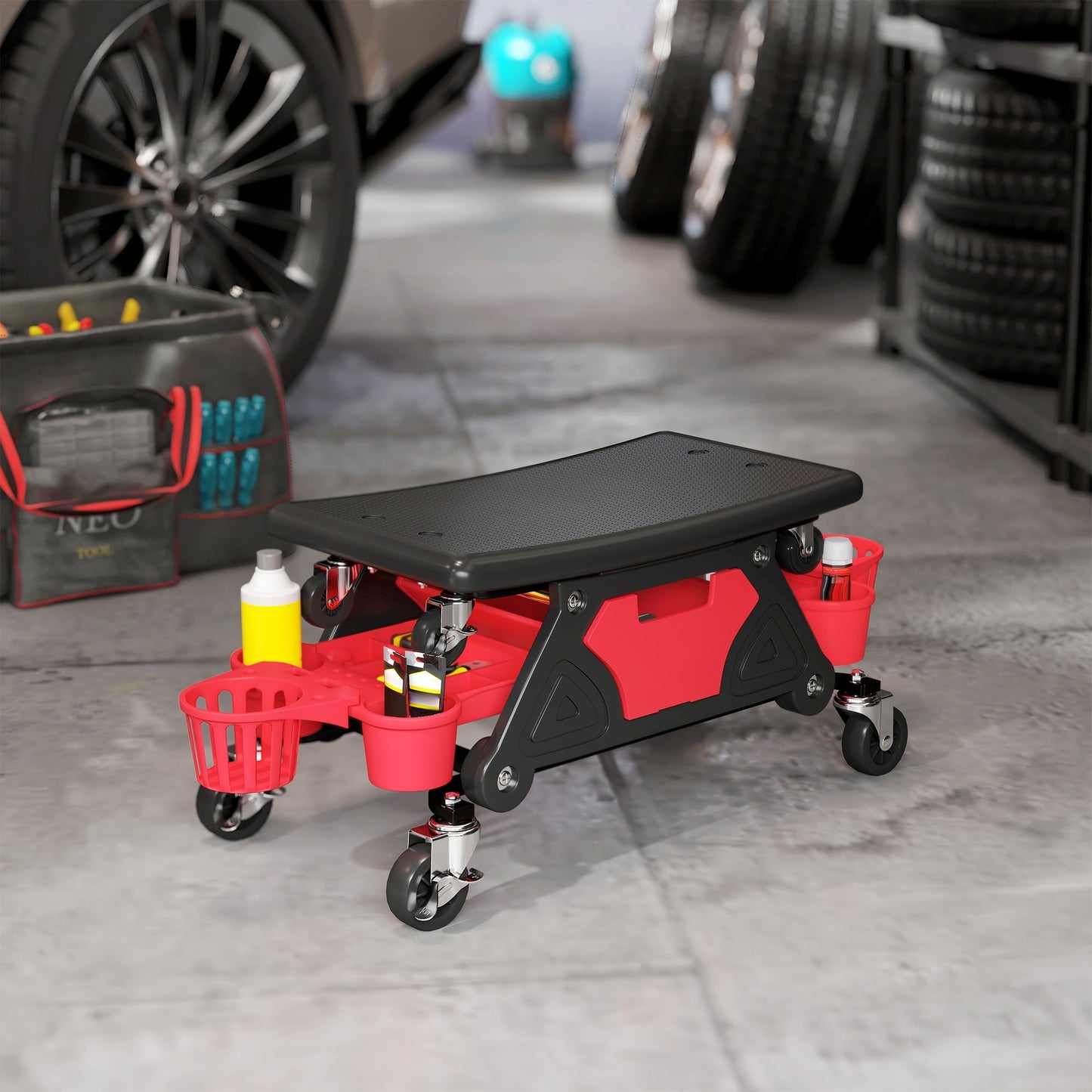 HOMCOM Rolling Mechanic Stool, 135kg Capacity Workshop Stool with 360 Swivel Wheels, Roller Creeper Seat with Slide Out Tool Trays, Drawer, Bottle Holders for Garage, Shop, Auto Repair, Red