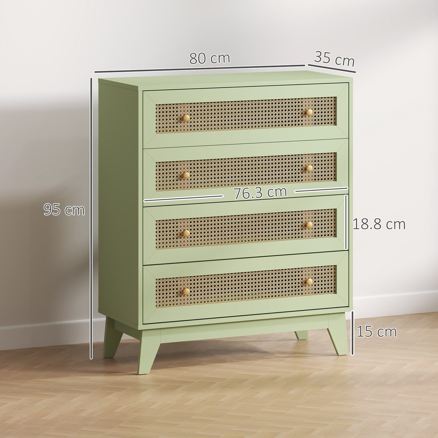 HOMCOM Chest of Drawers, 4-Drawer Storage Organiser Unit with Rattan Element for Bedroom, Living Room, Light Green