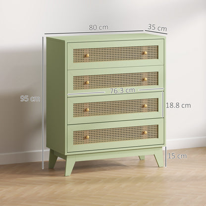 HOMCOM Chest of Drawers, 4-Drawer Storage Organiser Unit with Rattan Element for Bedroom, Living Room, Light Green