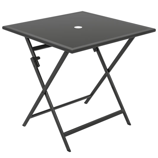 Outsunny Folding Outdoor Dining Table, Square Garden Table Tempered Glass Top with Parasol Hole Garden Patio, 70 x 70 x 70 cm
