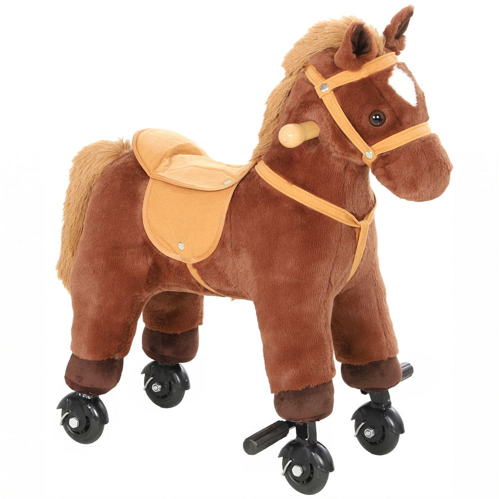 AIYAPLAY Rocking Horse, Plush Ride On Horse with Hoof and Neighing, Rolling Wheels and Pedal for 3-8 Y, Up to 50kg, Dark Brown